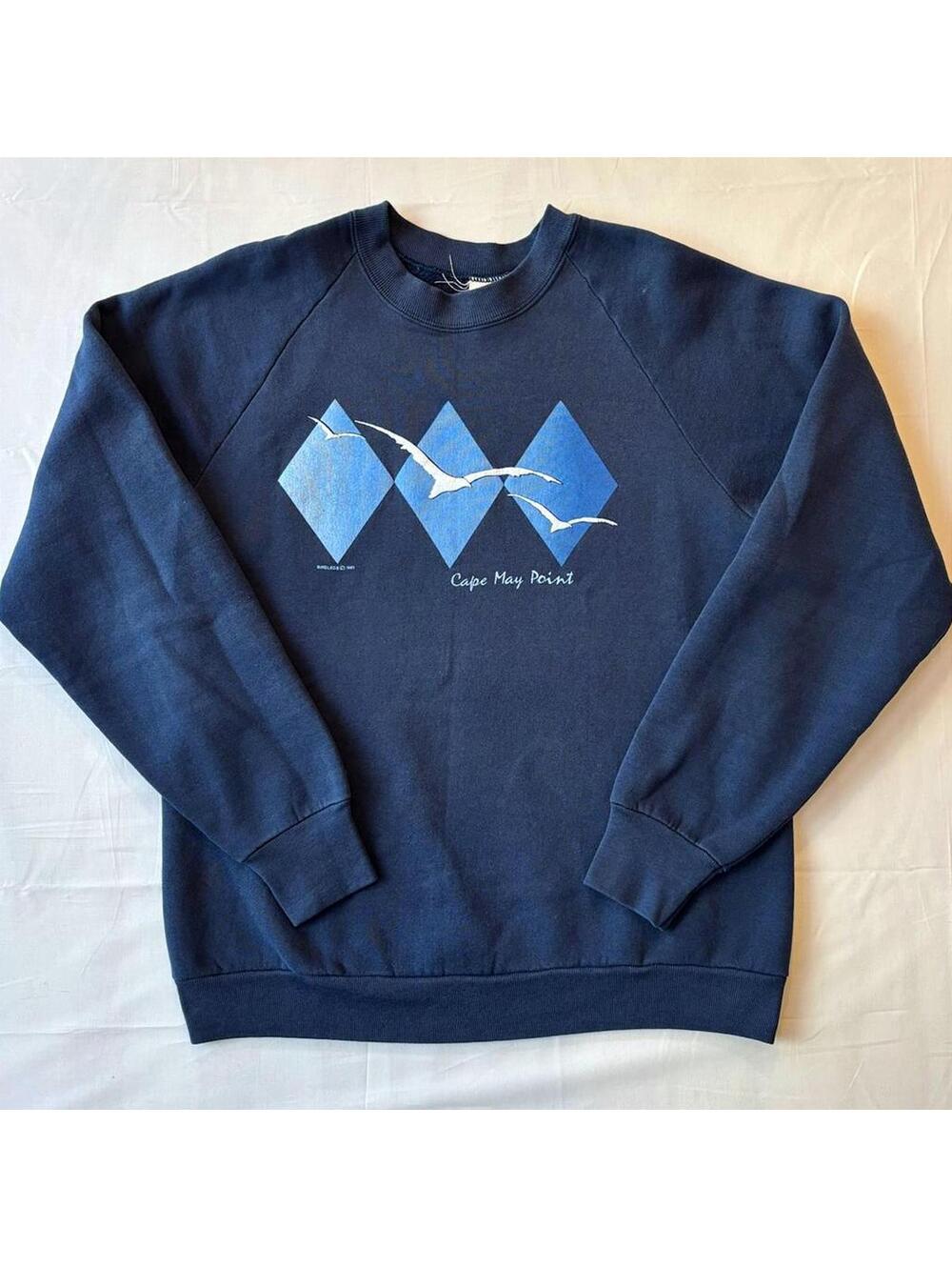 VTG 1985 Cape May Point NJ Sweatshirt Made in USA Navy Raglan Large